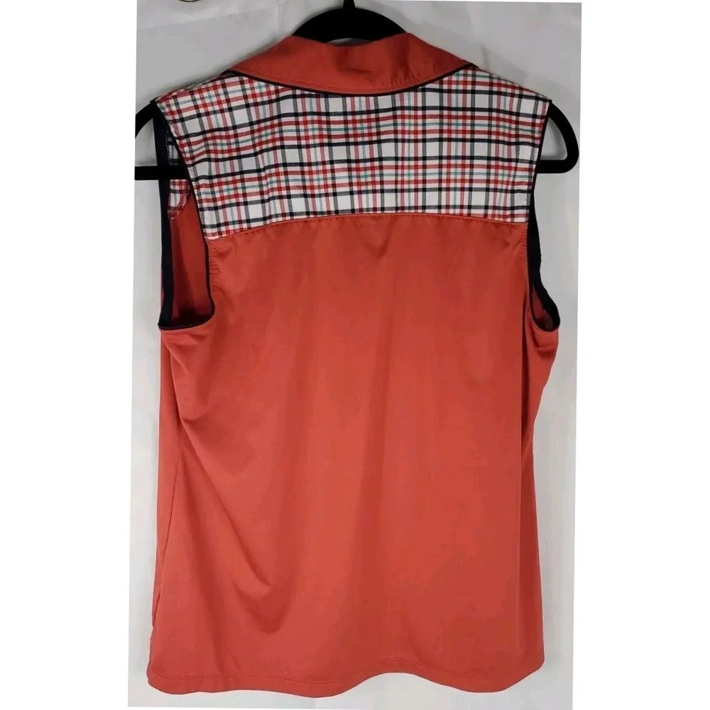 IZOD Golf Womens L Sleeveless Polo Shirt Plaid Trim V Neck Performance‎ Orange